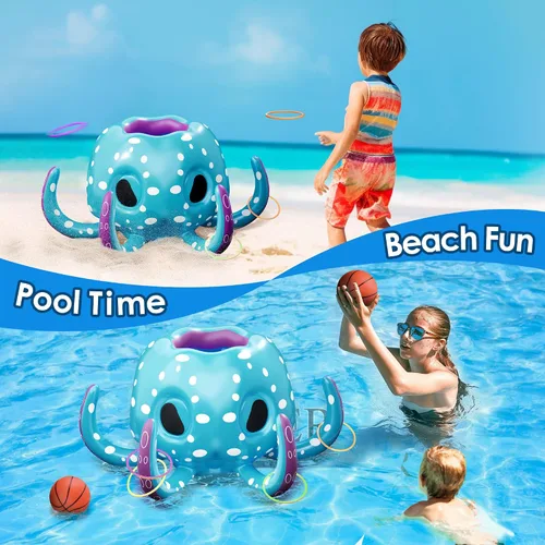 Miniatura 3 de iPlay, iLearn Juguetes de piscina de pulpo para niños, juego inflable 2 en 1 para piscina, juego de aro de baloncesto y lanzamiento de anillo, juego
