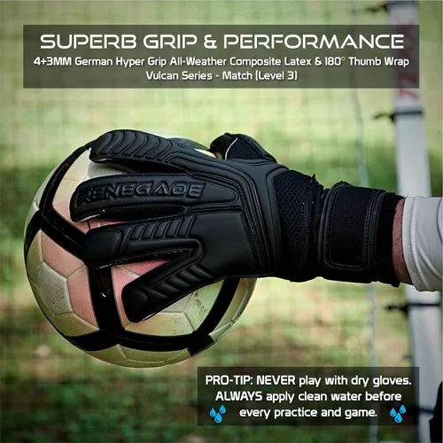 Miniatura 4 de Guantes de portero Renegade GK Vulcan con protección antimicrobiana (tallas 6-11, 4 estilos, nivel 3) Protectores de dedos Pro-Tek y agarre Hyper