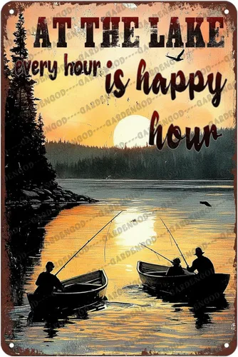 Cartel de metal divertido con texto en inglés «At The Lake Every Hour Is Happy Hour», divertido póster de hojalata novedoso para el hogar, cocina,