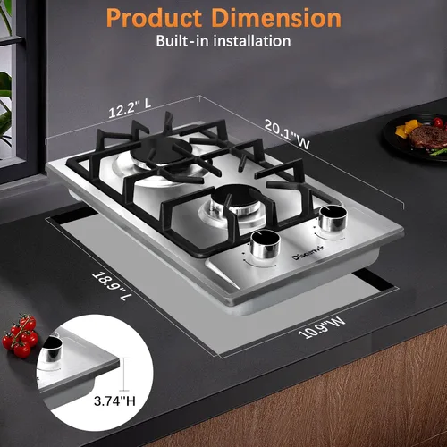 Miniatura 6 de Cocina de gas de 2 quemadores de propano - Estufa de gas de acero inoxidable de 12 pulgadas para combustible dual LPG/GN, quemador de gas portátil