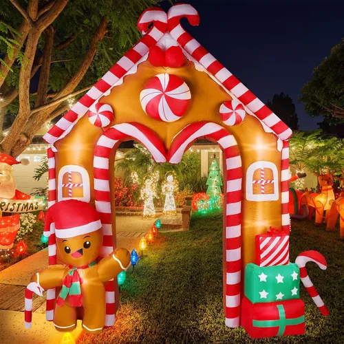 Miniatura 6 de Lenwen Casa de jengibre inflable navideña de 10 pies con arco de casa de jengibre, hombre de jengibre, casa de galletas y decoración de bastón