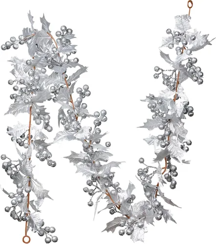 Lvydec Guirnalda Artificial de Bayas para Decoración de Navidad - Guirnalda plateada de 6 pies con bayas brillantes y hojas de acebo para decoración
