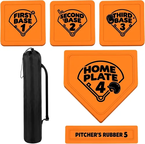 Miniatura 10 de Hiboom Juego de 5 bases de béisbol y sóftbol con bolsa de transporte portátil, 3 bases abatibles, 1 placa de inicio, 1 goma de lanzamiento