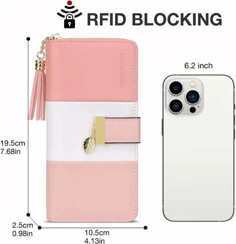 Miniatura 2 de Carteras RFID para mujer con múltiples ranuras para tarjetas y compartimento para teléfono celular, cartera para mujer, Rosa SakuraBlancoRosa