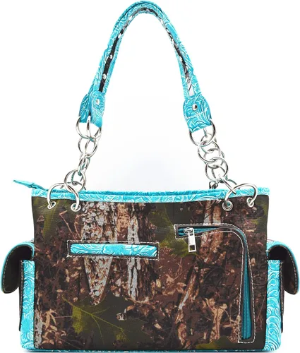Miniatura 4 de Camuflaje Estilo Occidental Totes Bolso Floral Tachonado Bolso de Cuero Tooled Bolso de Cuero de las Mujeres del País Bolsa de Hombro Cremallera