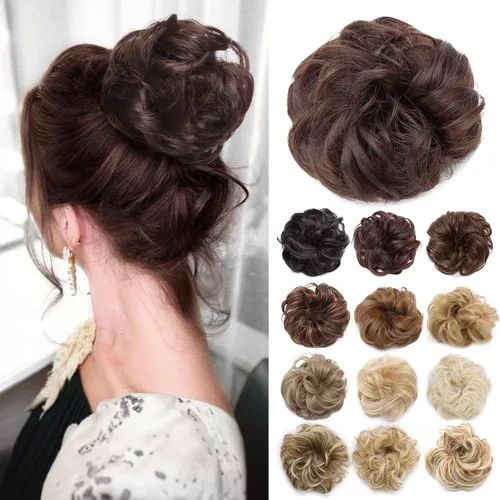 Miniatura 28 de Benehair Moño desordenado, pieza de pelo recogido para mujer, esponjoso, ondulado, moño con dona, moño sintético con banda elástica de goma