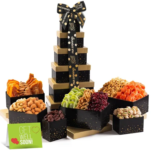 Miniatura 11 de NUT CRAVINGS - Cesta de regalo de frutas secas y nueces mixtas, torre roja + cinta de corazón (12 surtidos), arreglo de alimentos, paquete