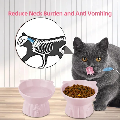 Miniatura 3 de Paquete de 2 cuencos elevados para gatos, platos elevados de cerámica para alimentos y agua para gatos, diseño extra ancho y poco profundo, Rosa