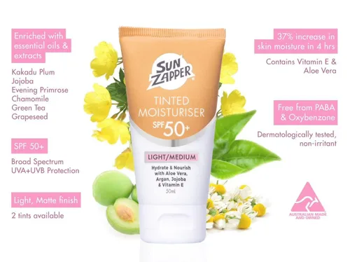Miniatura 2 de Sun Zapper BB Cream Tinted Moisturizer Protector solar SPF 50+ Light Medium – Protector solar facial con ciruela Kakadu y aceite de jojoba
