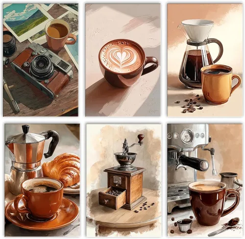 Tucocoo Paquete de 6 pinturas por números para adultos, pintura de café por números para adultos principiantes, desayuno acogedor, kit de pintura