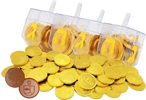 The Dreidel Company Paquete de 6 Dreidel rellenos de monedas de gel de chocolate de Hanukkah, gelt de leche de Janucá, con menorá y diseño Dreidel