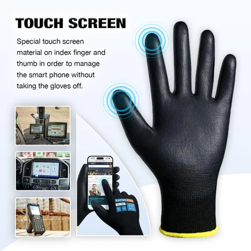 Miniatura 2 de KAYGO KG11PB - Guantes de seguridad con revestimiento de poliuretano, de punto sin costuras, dos dedos para pantalla táctil, transpirables y Negro
