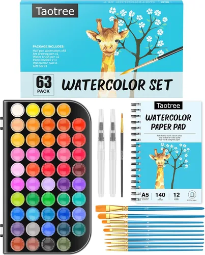 Miniatura 8 de Taotree Juego de pintura de acuarela, libro de ejercicios de acuarela, libro para colorear al agua, kit de acuarelas de 48 colores con 10 pinceles