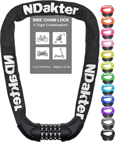 Miniatura 17 de NDakter Cerradura de cadena para bicicleta, combinación de 5 dígitos, resistente, antirrobo, cerradura de bicicleta de seguridad