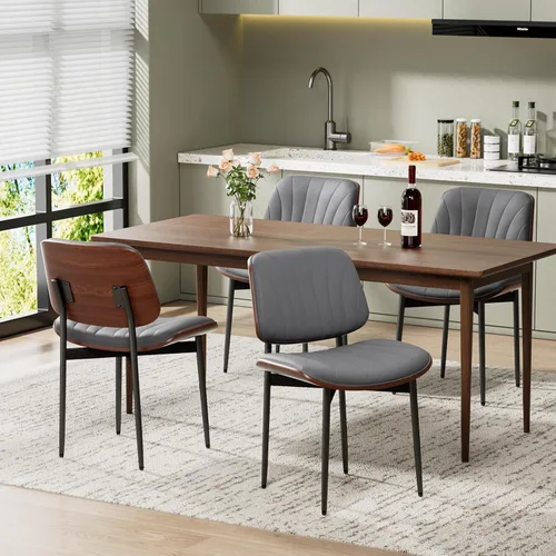 Miniatura 47 de REONEY - Juego de 4 sillas de comedor, modernas de mediados de siglo, tapizadas en piel sintética PU con respaldo de madera curvada de nogal y patas
