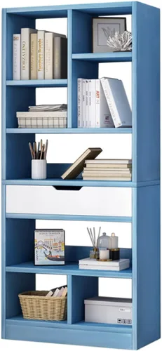 Miniatura 15 de IOTXY - Estantería de madera con espacios abiertos, 51" de altura, organizador de almacenamiento con 7 cubos y un cajón, estante de piso, color azul