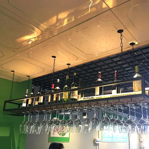 Miniatura 3 de Estante de techo para copas de vino, estante colgante para vino con soporte para vidrio y estante, soporte para botellas de vino colgante industrial