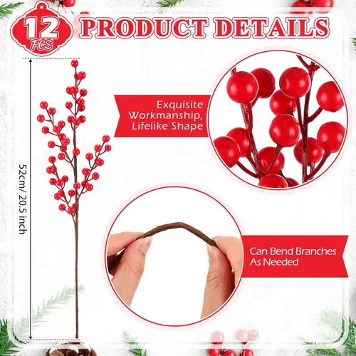 Miniatura 2 de 12 tallos de bayas de Navidad, púas de bayas artificiales de 20.5 pulgadas, púas de árbol de Navidad y aerosoles, ramas de bayas de acebo para Dorado