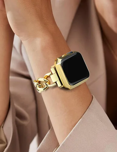 Miniatura 8 de JR.DM Correas de oro para reloj para mujer compatibles con Apple Watch de 46 mm, 42 mm (S3/2/1) 44 mm, 45 mm, 49 mm, pulsera ajustable de cadena Oro
