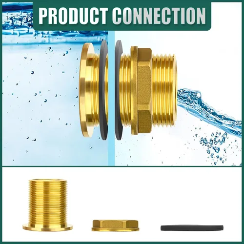 Miniatura 5 de Conector de tanque de agua de latón, 1-1/2 "NPT hembra 2" NPT macho, adaptador de tanque de mamparo, con anillo de goma, para torres de agua/varias