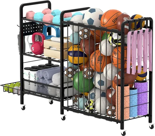 Miniatura 10 de Organizador de garaje para equipos deportivos, estante de almacenamiento de pelotas de garaje para deportes con ruedas, organizador deportivo