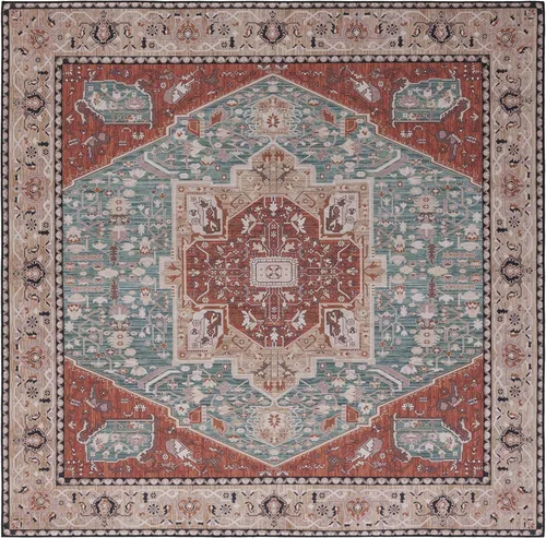 Miniatura 14 de SAFAVIEH Alfombra lavable Tucson Collection - 2 pies 6 pulgadas x 4 pies, aguamarina y óxido, antideslizante y fácil de limpiar, ideal para sala