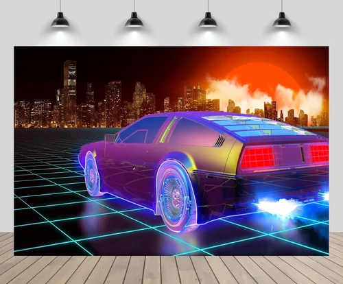 10x8ft Cyberpunk Car Backdrop Retro Futuristic Cyber City Skyscraper Red Moon Punk Racing Car Background Comic Game Racer Punk Birthday Party