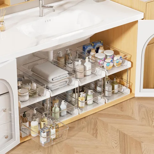 Miniatura 14 de Vtopmart - Organizadores de baño, 4 piezas, 2 niveles, transparentes, bajo el fregadero, almacenamiento para tocador o encimera, cajones
