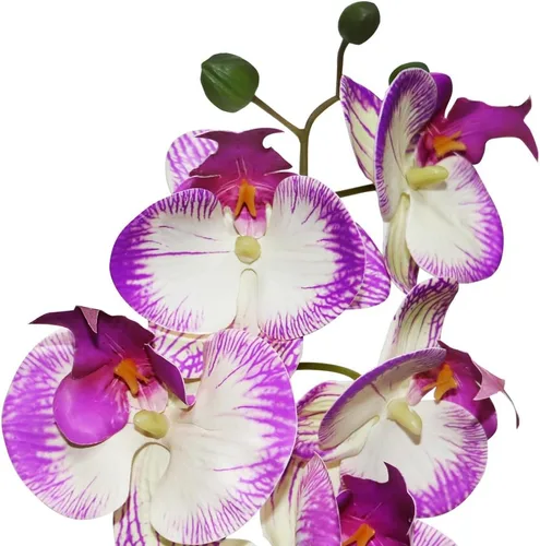 Miniatura 4 de Flores artificiales de orquídea morada, 2 tallos en maceta gris, flor de orquídea sintética en maceta para el hogar, mesa de baño, sala de estar