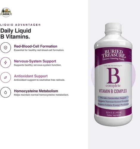 Miniatura 4 de Buried Treasure B Complete - Complejo líquido de vitamina B con metilcobalamina B12 y metilfolato B9, biotina, B1, B2, B3, B5, B6, líquido y sin