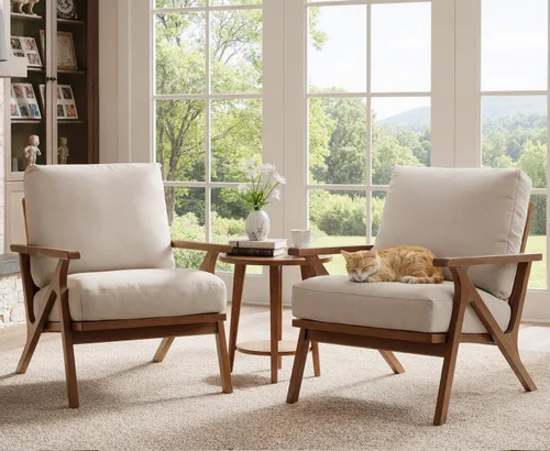 Miniatura 5 de HNY Mid-Century - Silla decorativa tapizada moderna, sillón de tela de lino con marco de madera maciza, cómoda silla de descanso con almohada