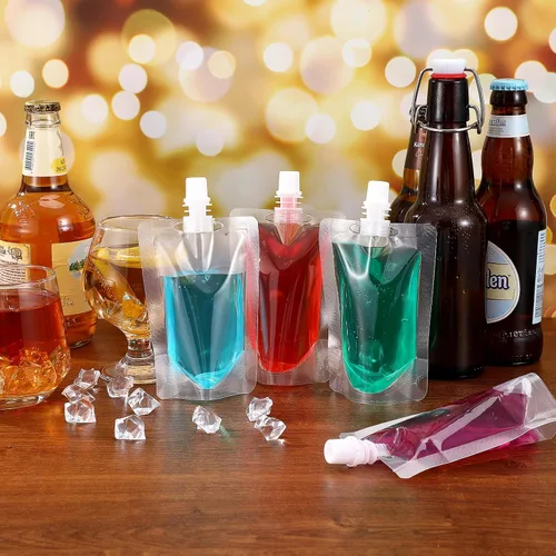 Miniatura 8 de Yardwe Frascos de plástico transparente con sello de boquilla de succión, bolsas de bebidas portátiles de 3.5 onzas para jugo, agua, vino, bolsas