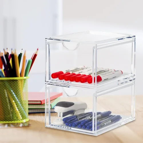 Miniatura 4 de CECOLIC Paquete de 2 cajones organizadores de cosméticos apilables, caja organizadora de maquillaje de acrílico transparente, contenedores