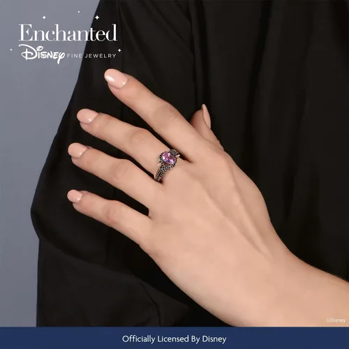 Miniatura 2 de Jewelili Enchanted Disney Fine Jewelry - Anillo de oro rosa de 14 quilates sobre plata esterlina con rodio negro ovalado zafiro rosa creado y 14