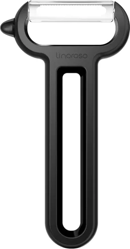 Miniatura 9 de Linoroso Pelador de frutas dentadas de acero inoxidable negro, pelador clásico de verduras, hoja giratoria japonesa, mango cómodo, apto