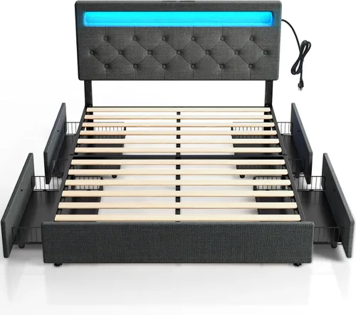 Miniatura 9 de Rolanstar Base de cama individual con estación de carga, cama LED con almacenamiento debajo de la cama, cabecera ajustable de 38.9/40.8 pulgadas,