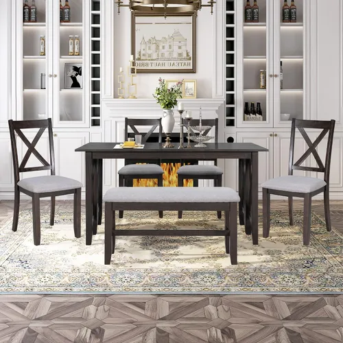 Miniatura 15 de LUMISOL Juego de 6 mesas de comedor de estilo rústico para 6, mesa de cocina de madera maciza de 60 pulgadas con banco y 4 sillas, acabado marrón