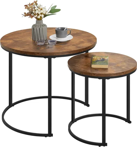 Miniatura 10 de Yaheetech Juego de 2 mesas auxiliares anidables, mesas auxiliares apilables rústicas, juego de mesa auxiliar anidable con mesa redonda de madera