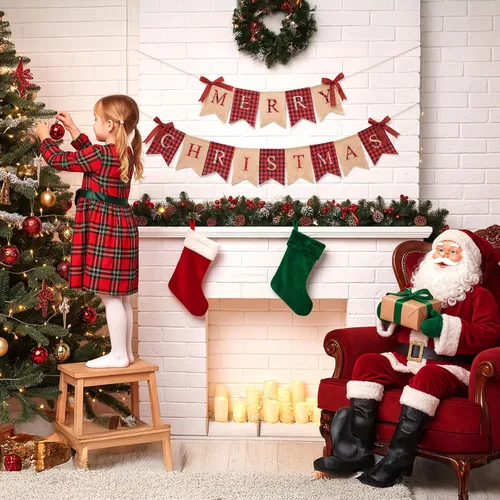 Miniatura 6 de Tatuo Merry Christmas Banner Xmas Burlap Bunting Garland Christmas Decorations for Fireplace Chimney Wall Tree Party Indoor Outdoor Party Office