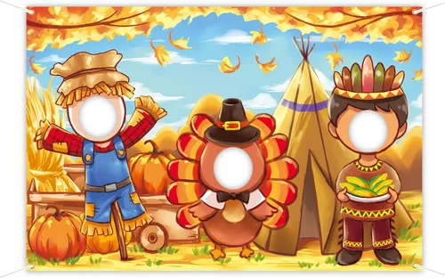 Telón de fondo de cara en agujero de Acción de Gracias, 5 x 3.3 pies, espantapájaros, pavo, cara india, accesorios para fotos, fondo de fotografía