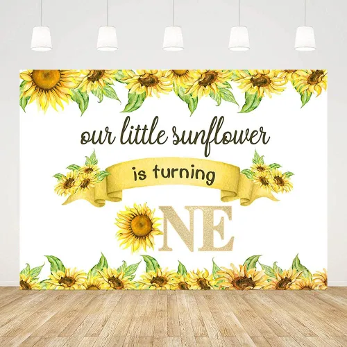 Telón de fondo de feliz cumpleaños de 7 x 5 pies para bebé, niño y niña, con texto en inglés "Our Little Sunflower is Turning One", fondo blanco