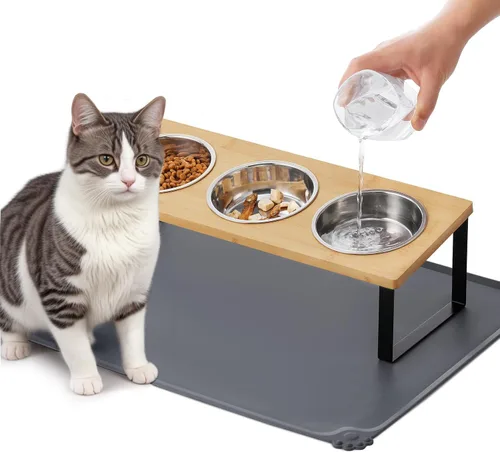 Miniatura 9 de Cuencos elevados mejorados para gatos con alfombrilla para comida, soporte inclinado a 15° anti-vómito, cuencos elevados para gatos para comida