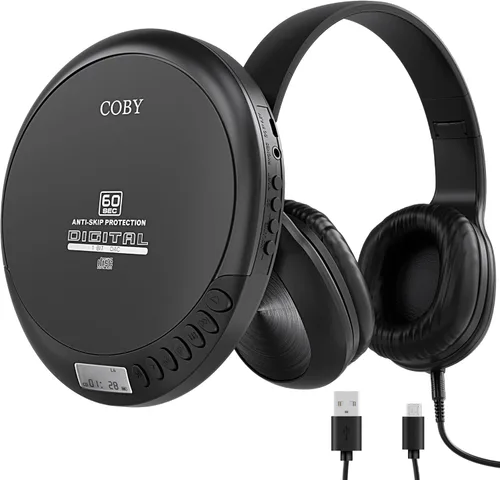 Coby Reproductor de CD portátil con reproducción MP3 y radio FM, protección anti-salto de 60 segundos, auriculares con cable plegables, reproductor