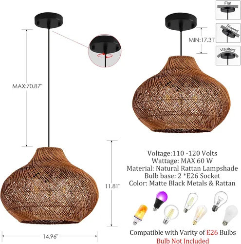 Miniatura 2 de Lámpara Colgante de Ratán Marrón Oscuro de 2 Luces, 14.96" Luz Colgante Redonda Rústica, Lámpara Colgante de Mimbre Curry Candelabro de Ratán Tejido