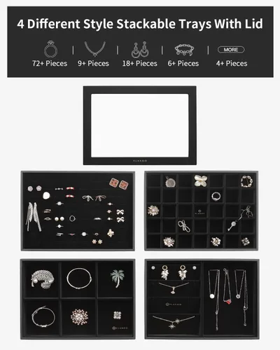 Miniatura 2 de Vlando Bandeja de joyería, caja organizadora de joyas apilable para cajón, aparador de armario, collar, aretes, anillos, pulseras para mujeres