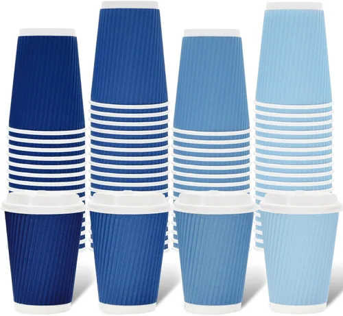 Whaline 100 tazas de café desechables de color azul polvoriento de invierno con tapas, tazas de papel azul degradado de 12 onzas, tazas calientes