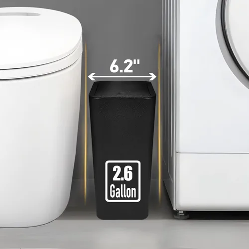 Miniatura 3 de TIPGO Basurero de baño con tapa, cubo de basura delgado de 10 litros/2.6 galones, cesta de basura pequeña con tapa desplegable para cocina, Negro