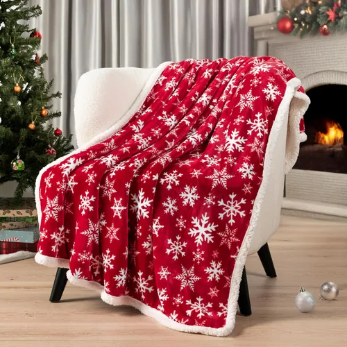 Miniatura 2 de PAVILIA - Manta de sherpa navideña con copos de nieve rojos, de felpa reversible ultrasuave, sherpa, 50 x 60 pulgadas, manta de invierno para sofá