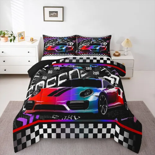 Miniatura 34 de Feelyou Juego de edredón azul de carreras para niños, juego de ropa de cama de coche deportivo para niños y niños, edredón deportivo geométrico a