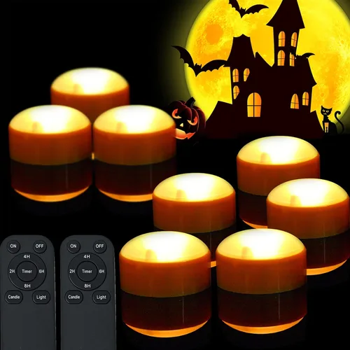 Paquete de 8 faroles de calabaza de Halloween, funciona con pilas, luces LED de calabaza con control remoto y temporizador, velas LED sin llama y